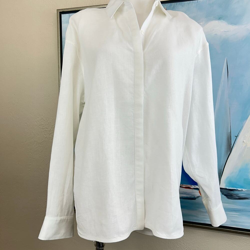 Athleta Button down Blouse White Linen Midday Oversized woman’s large - Picture 2 of 9
